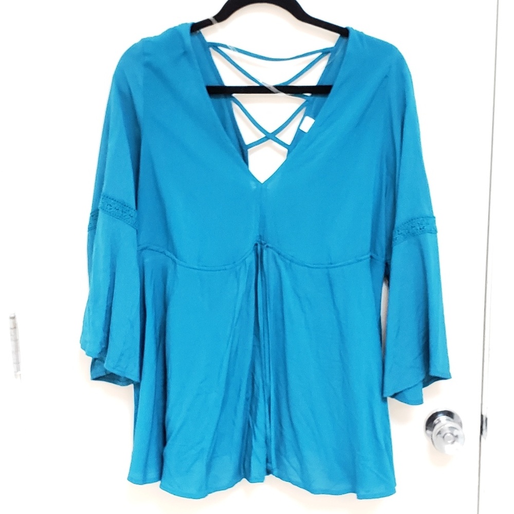 Peacock Blue Bohemian Blouse with Criss Cross Back
